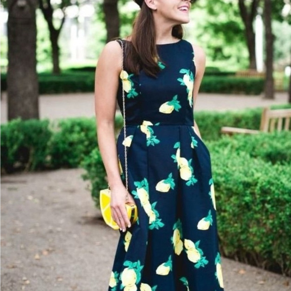 New York and Co Navy Sundress Dress with Lemon Print size 6